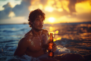 Handsome man in the sea, he is holding a bottle of beer at sunset. 