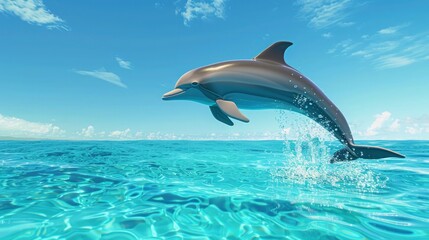 Fototapeta premium A sleek dolphin arcs out of the sparkling azure water against a distant horizon, providing excellent copy space for marketing materials.