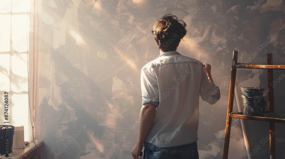 Aufkleber a man in a white shirt stands in front of a large canvas, thoughtfully considering his work in progr