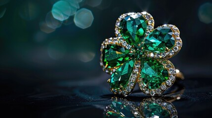 Green Gem. Lucky Clover Shaped Emerald Diamond Ornate Jewelry Design
