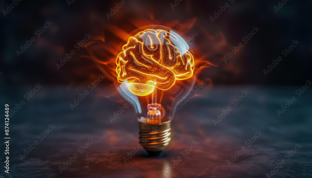 Poster glowing light bulb filament forming a brain in the dark a powerful visual representation of brainsto
