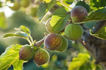 Sunlit ripe and unripe figs on a tree branch during the warm golden hour