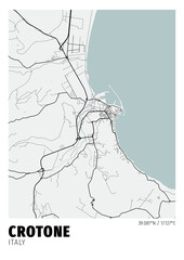 Crotone City, Italy Map - Poster Maps White Modern Wall Art Home Decor Ready to Printable
