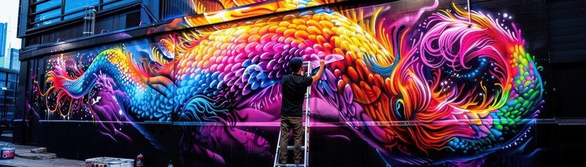 Artistic mural painting on urban buildings, community art project transforming cityscapes, vibrant and colorful