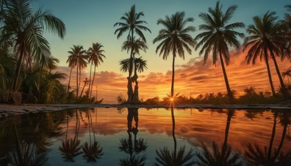 Fototapeta premium Palm Trees Reflected in a Pool at Sunset.