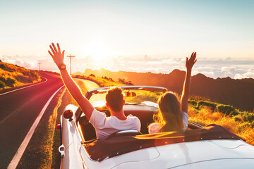Couple on vacation on the roadtrip having fun driving