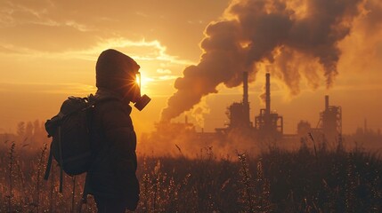 Person in a gas mask observing industrial smoke and pollution at sunset.