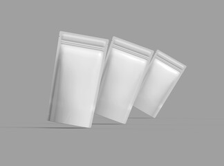 3D render of a glossy generic, narrow doypack packaging with a zipper on a light background