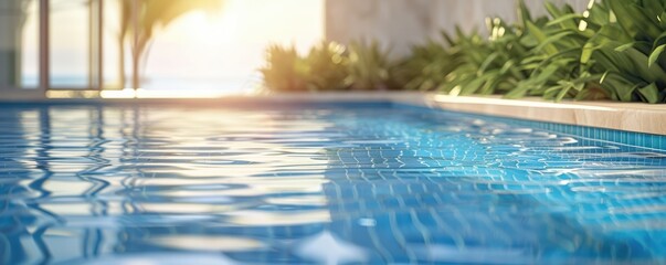 A pool with a few lounge chairs and a potted plant. Free copy space for text.
