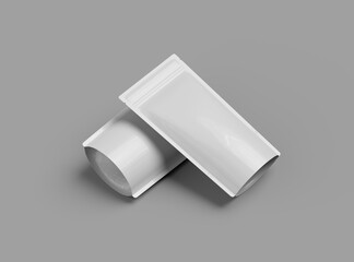 3D render of a glossy generic, narrow doypack packaging with a zipper on a light background