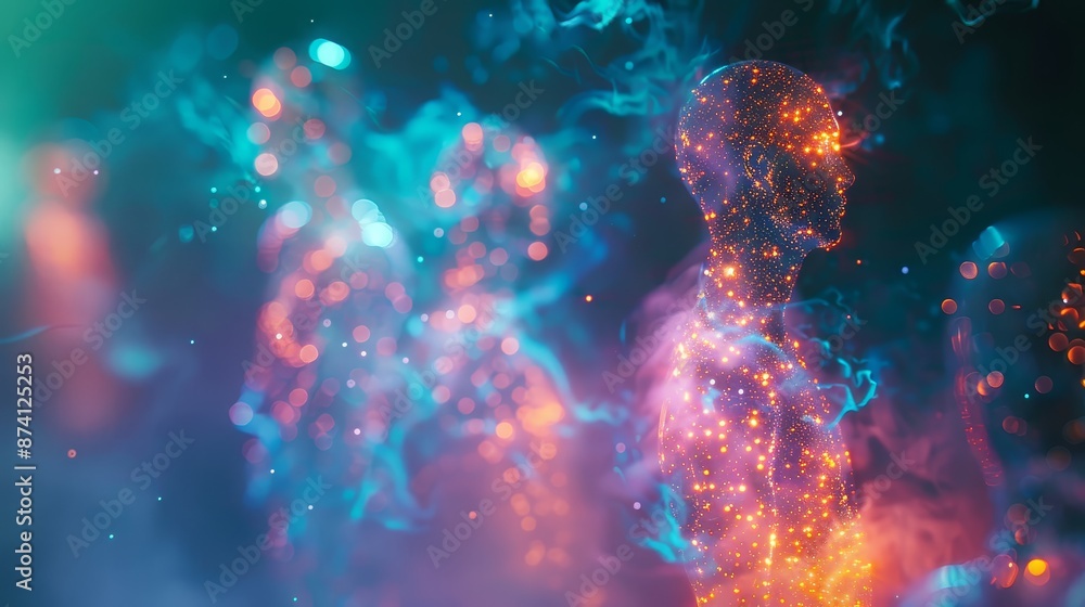 Poster abstract human figure in a digital aura - an abstract image of a human figure composed of digital pa