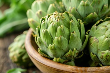 Fototapeta premium Fresh Artichokes in Wooden Bowl