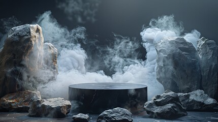 Central black podium shrouded in smoke, stone rocks on both sides, against a dark backdrop. Crisp ultra HD details.
