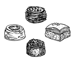 Assorted Oriental sweets sketch. Engraved baked arabic dessert. Hand drawn turkish baklava on white background. For menu, card, flyer, poster design