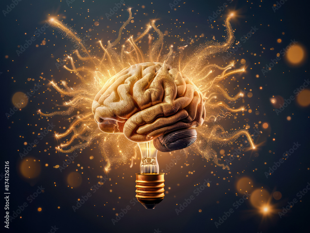 Poster unlocking your potential human brain with light bulb ideas for wise thoughts and understanding conce