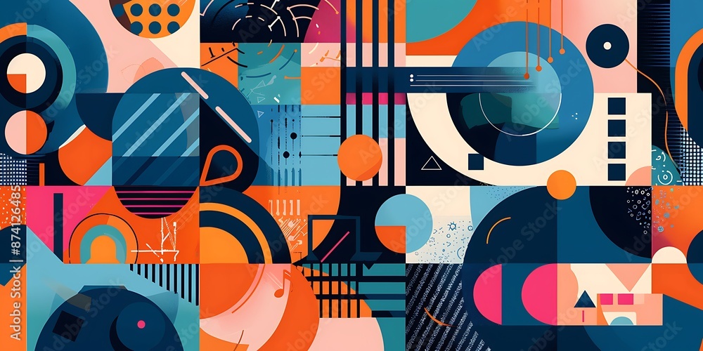 Poster a retro poster with bold geometric shapes and contrasting colors, such as circles, squares and lines