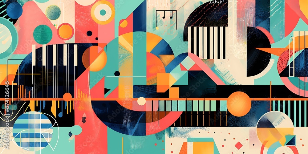 Poster a retro poster with bold geometric shapes and contrasting colors, such as circles, squares and lines