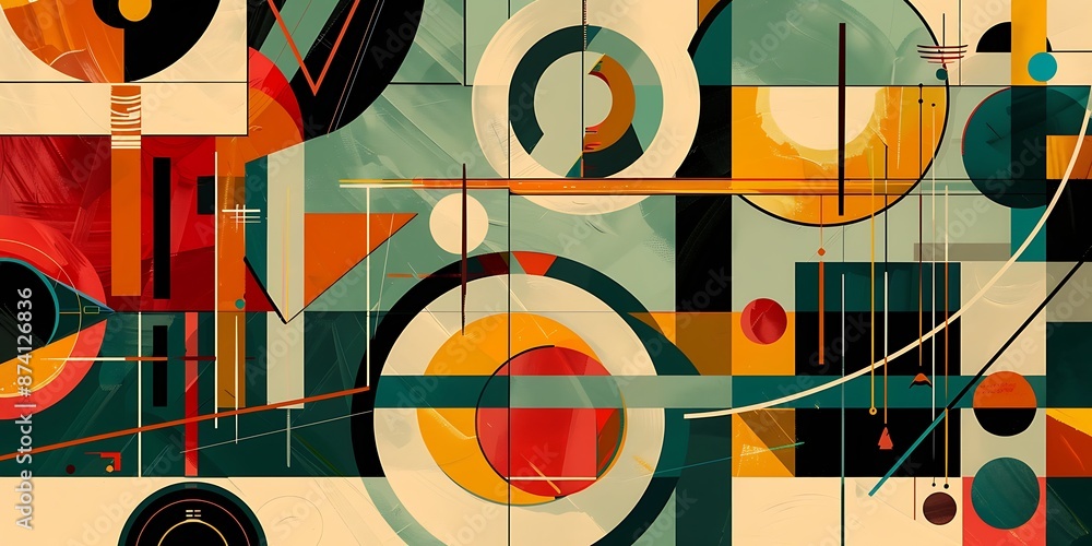 Poster a retro poster with bold geometric shapes and contrasting colors, such as circles, squares and lines