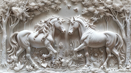 3D relief two horse in forest wallpaper with intricate details and elegant design in off white color and Mural wallpaper.