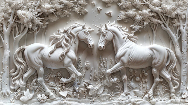 3D relief two horse in forest wallpaper with intricate details and elegant design in off white color and Mural wallpaper.