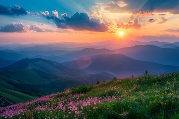 Obraz premium Mountain Sunset Over Blooming Meadow