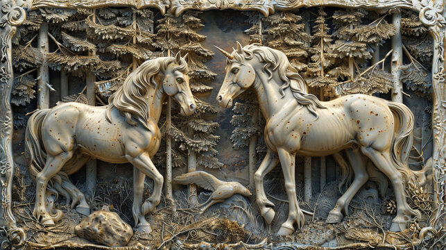 3D relief two horse in forest wallpaper with intricate details and elegant design and Mural wallpaper.