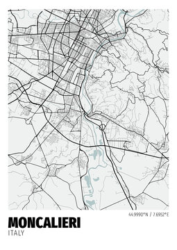 Moncalieri City, Italy Map - Poster Maps White Modern Wall Art Home Decor Ready to Printable
