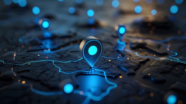 Blue location pin icon on an aerial map with multiple other pins, location tracking concept for mobile application