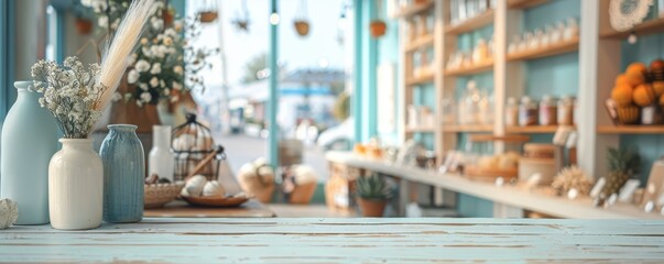 Cozy cafe interior with rustic decor and wooden shelves filled with jars and vases, creating a warm and inviting atmosphere.