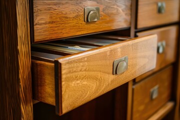 Close up of an open wooden drawer featuring a metal handle and visible content