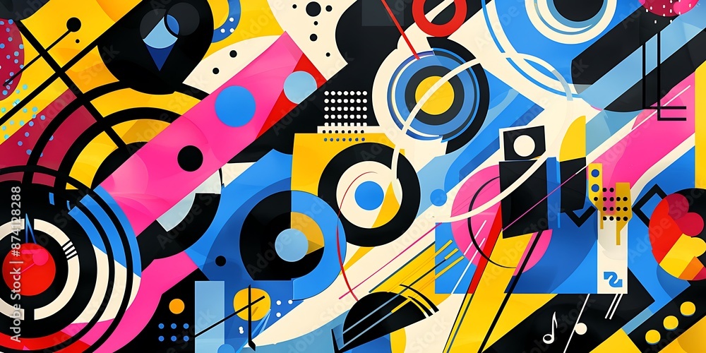 Poster a retro poster with bold geometric shapes and contrasting colors, such as circles, squares and lines
