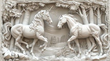 3D relief two horse in forest wallpaper with intricate details and elegant design in off white color and Mural wallpaper.