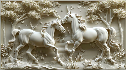 3D relief two horse in forest wallpaper with intricate details and elegant design in off white color and Mural wallpaper.