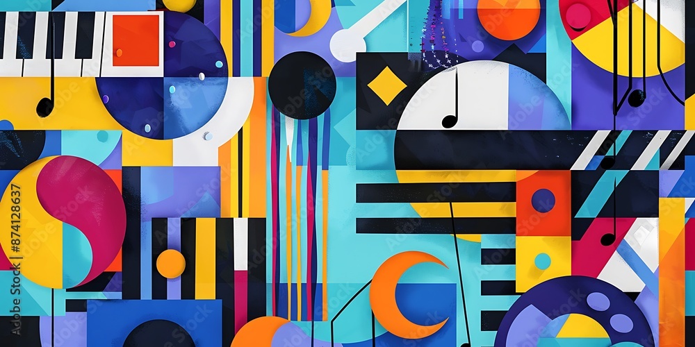 Poster a retro poster with bold geometric shapes and contrasting colors, such as circles, squares and lines