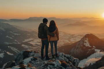 Fototapeta premium Couple Hiking in Majestic Mountain Sunrise