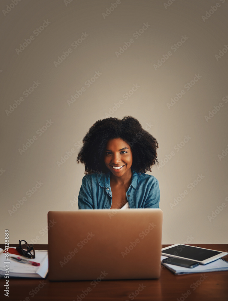 Poster student, smile and home or portrait on laptop, online and assignment submission for university in ap