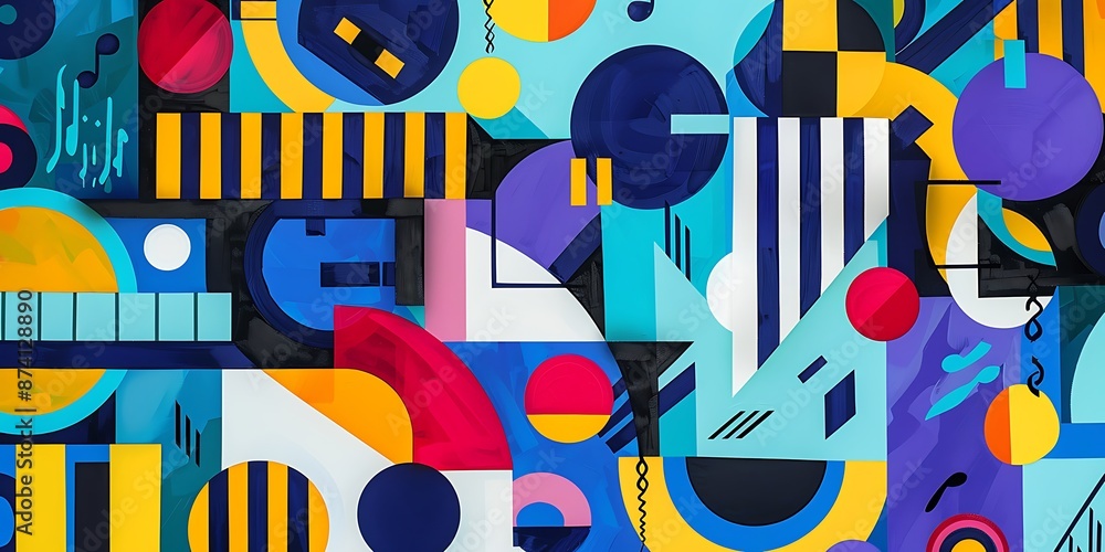 Poster a retro poster with bold geometric shapes and contrasting colors, such as circles, squares and lines