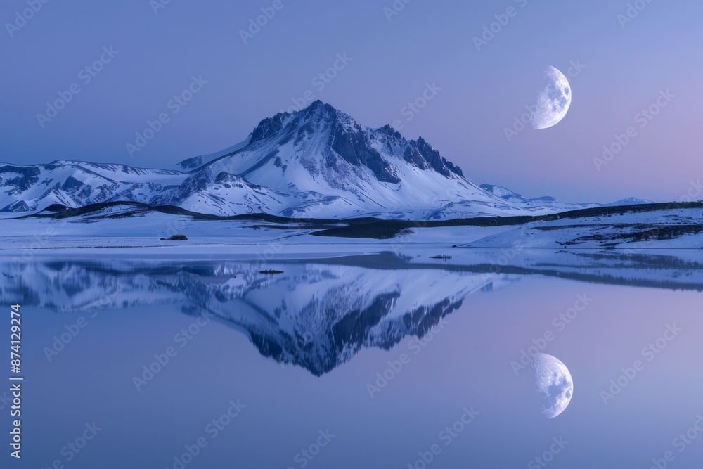 Sticker majestic mountain reflection under moonlight