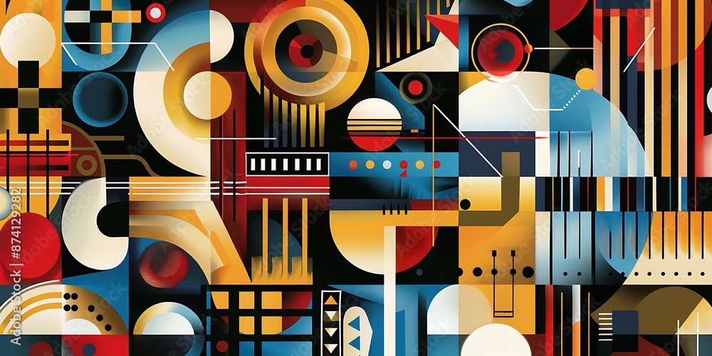Poster a retro poster with bold geometric shapes and contrasting colors, such as circles, squares and lines