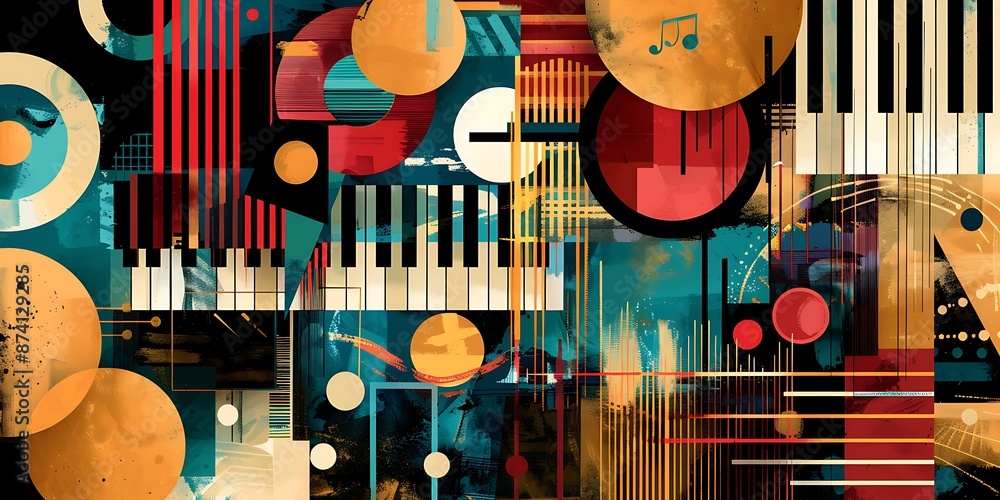 Poster a retro poster with bold geometric shapes and contrasting colors, such as circles, squares and lines
