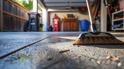 A broom sweeping a clean garage floor, with focus on the broom and the swept area