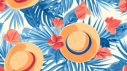 Summery Beach Straw Hat Pattern, Tropcial Vacation Background - Seamless tile. Endless and repeat print.