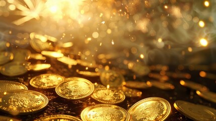 Golden coins swirling in the wind beneath a sky lit by fireworks, representing financial abundance and excitement