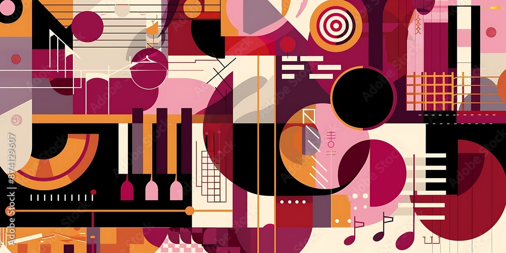 Poster a retro poster with bold geometric shapes and contrasting colors, such as circles, squares and lines