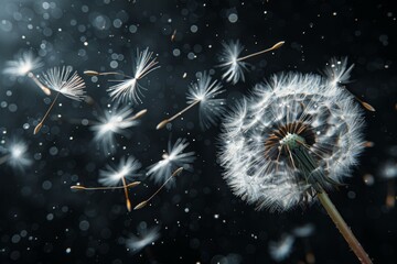 Dandelion seeds blowing in the wind