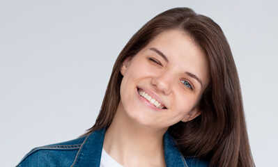 Portrait of attractive flirty cheerful girl winking good mood isolated over white background