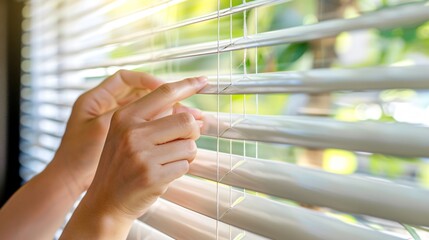 Hands adjusting clean window blinds, with focus on the blinds and the light streaming through
