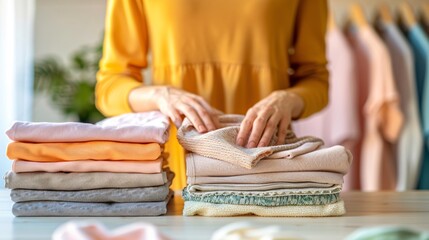 Obraz premium Hands folding clothes on a clean, simple table, with neatly folded clothes in the background