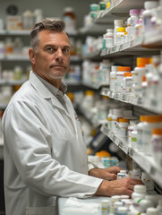 An individual in a white lab coat is standing in front of shelves stocked with various medication bottles, representing a professional healthcare environment focused on pharmaceutical services 