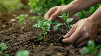 Hands planting a small plant in a clean, simple garden bed, with focus on the soil and the plant